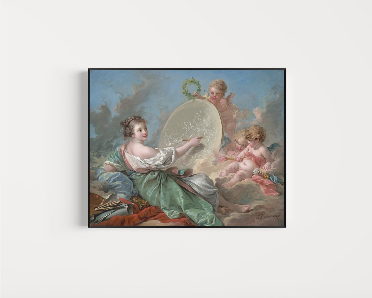 Framed art print of Allegory of Painting by François Boucher, in a slim black frame on a plain white wall