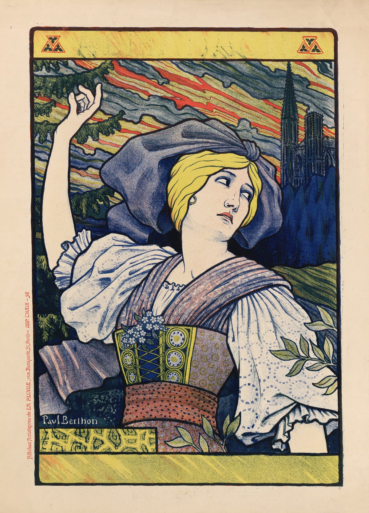 Almanach d'Alsace et de Lorraine by Paul Berthon — A blonde woman in a blue headscarf lifts a hand before a cathedral