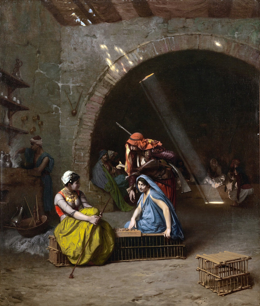 Jean-Léon Gérôme — Almehs Playing Draughts | Art Print shown to scale on a wall above a sofa