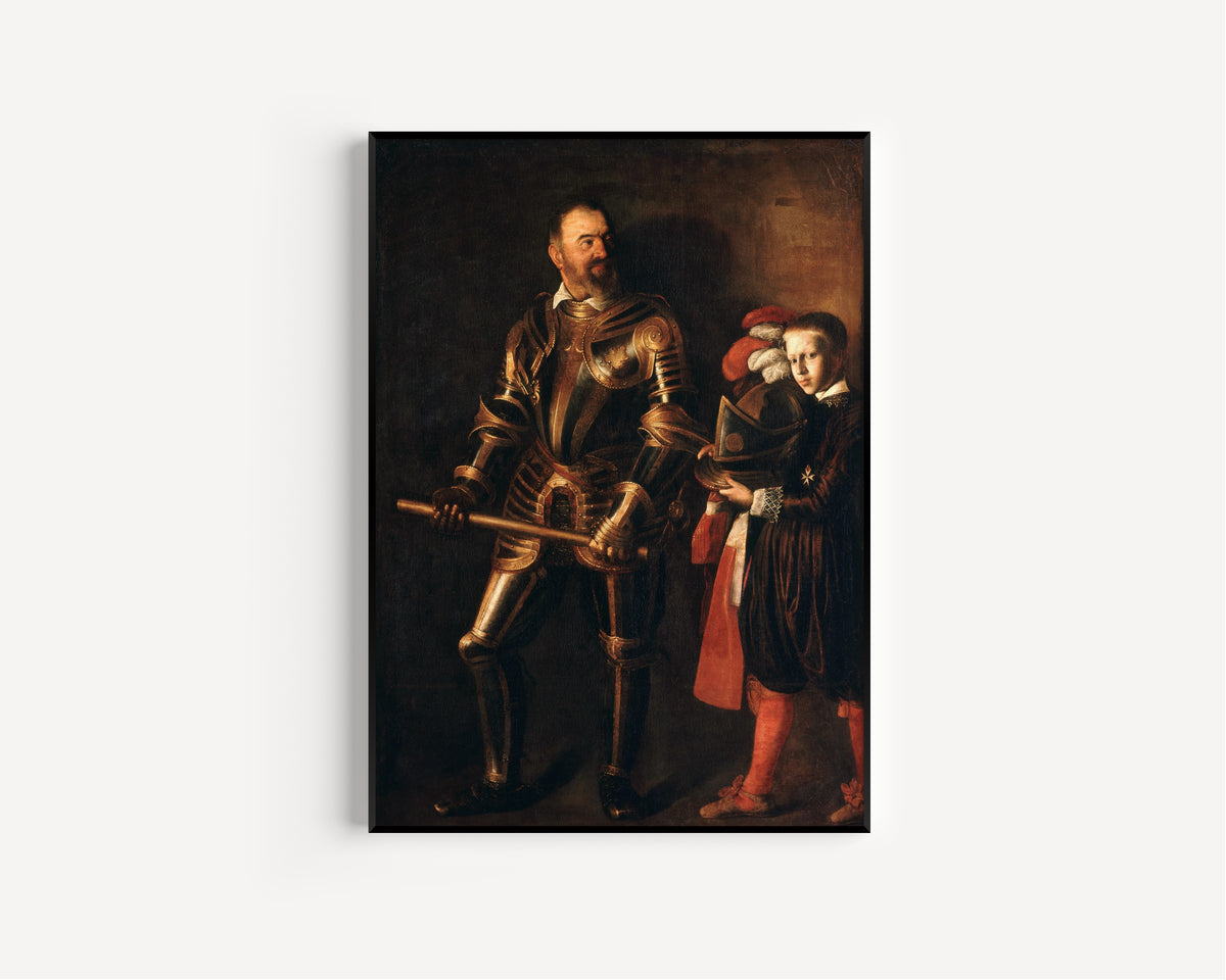 Framed art print of Alof de Wignacourt by Caravaggio, in a slim black frame on a plain white wall