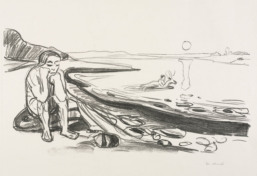 Edvard Munch — Alpha and Omega: Omega's Flight | Expressionist Fine Art Print shown to scale on a wall above a sofa