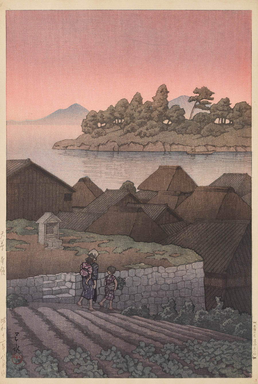 Kawase Hasui — Amakusa Honryo | Japanese Woodblock Print (Shin Hanga) shown to scale on a wall above a sofa