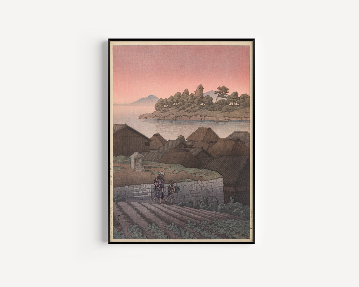 Framed art print of Amakusa Honryo by Kawase Hasui, in a slim black frame on a plain white wall