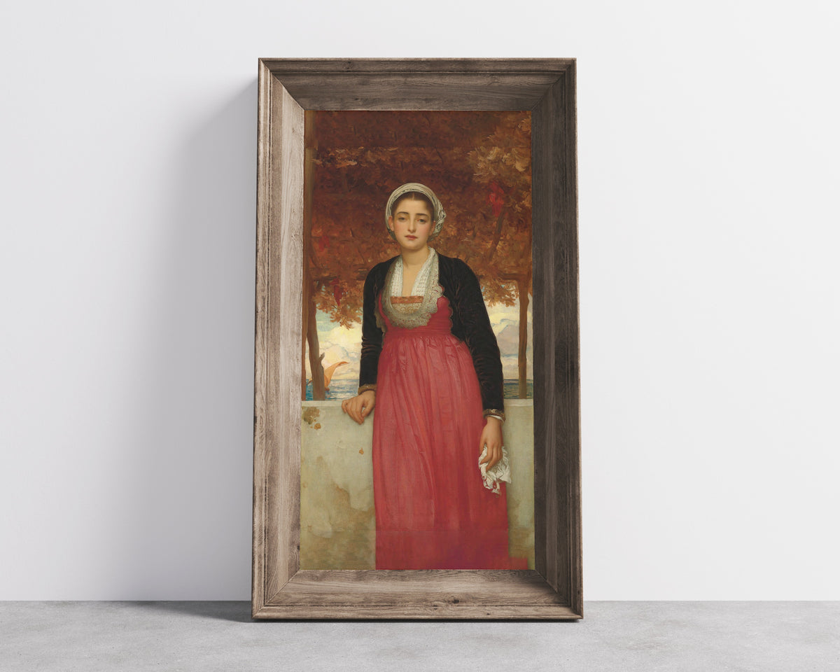 Framed art print of Amarilla by Frederic Leighton, in a wide wooden frame leaning against a concrete wall