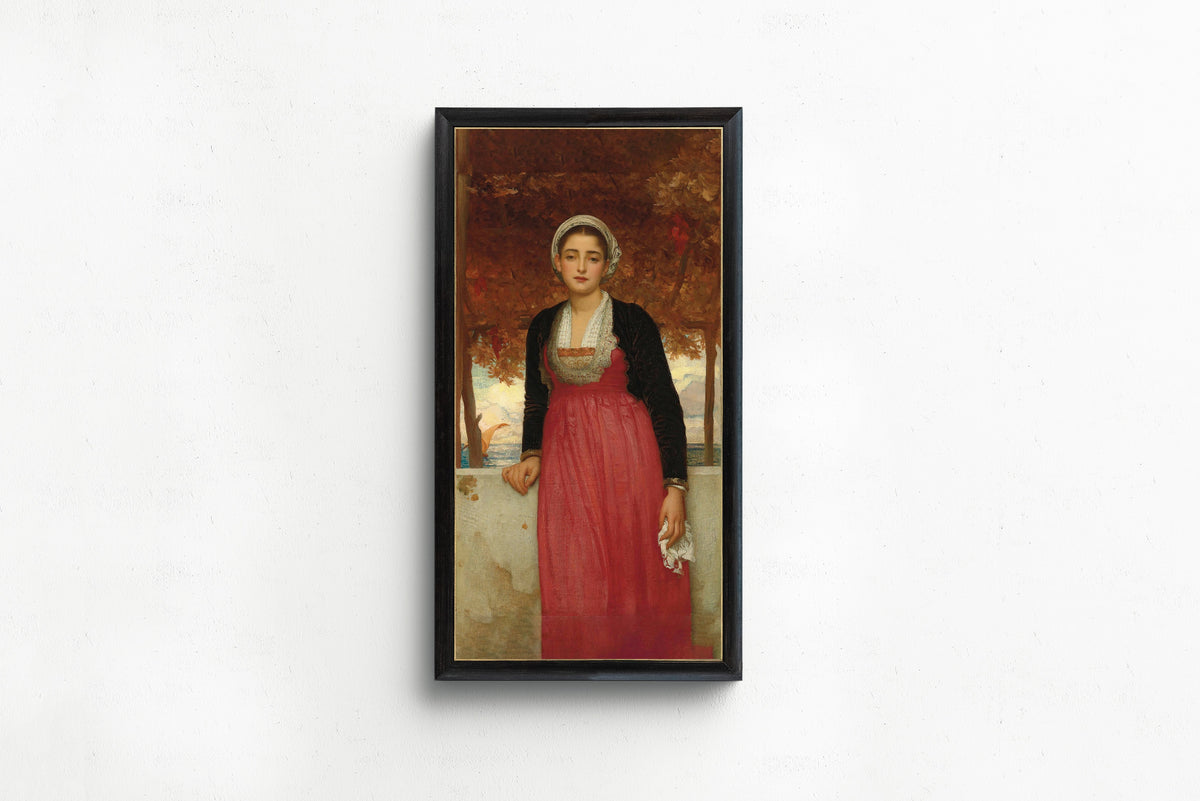 Framed art print of Amarilla by Frederic Leighton, in a slim black frame on a plain white wall