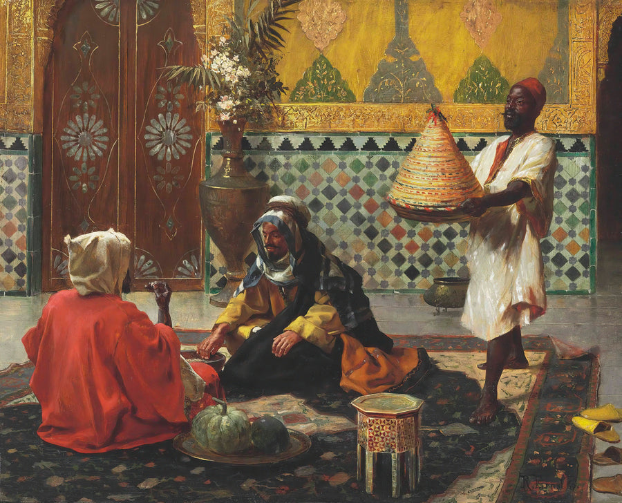Rudolf Ernst — An Afternoon Discussion | Art Print shown to scale on a wall above a sofa