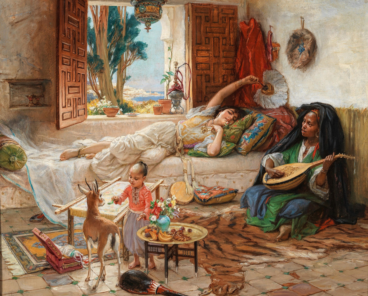 An Afternoon in Algiers by Frederick Arthur Bridgman — A woman rests on a divan as a lute plays and a child feeds a gazelle