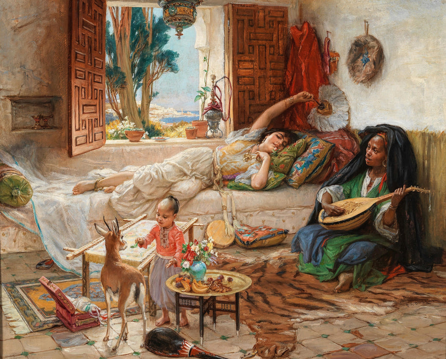 Frederick Arthur Bridgman — An Afternoon in Algiers | Art Print shown to scale on a wall above a sofa