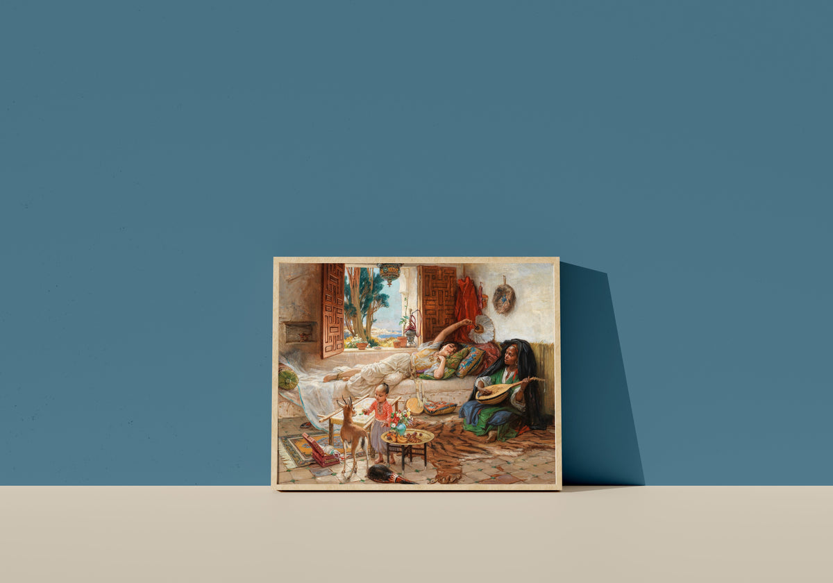 Framed art print of An Afternoon in Algiers by Frederick Arthur Bridgman, in a light wood frame leaning on a blue wall