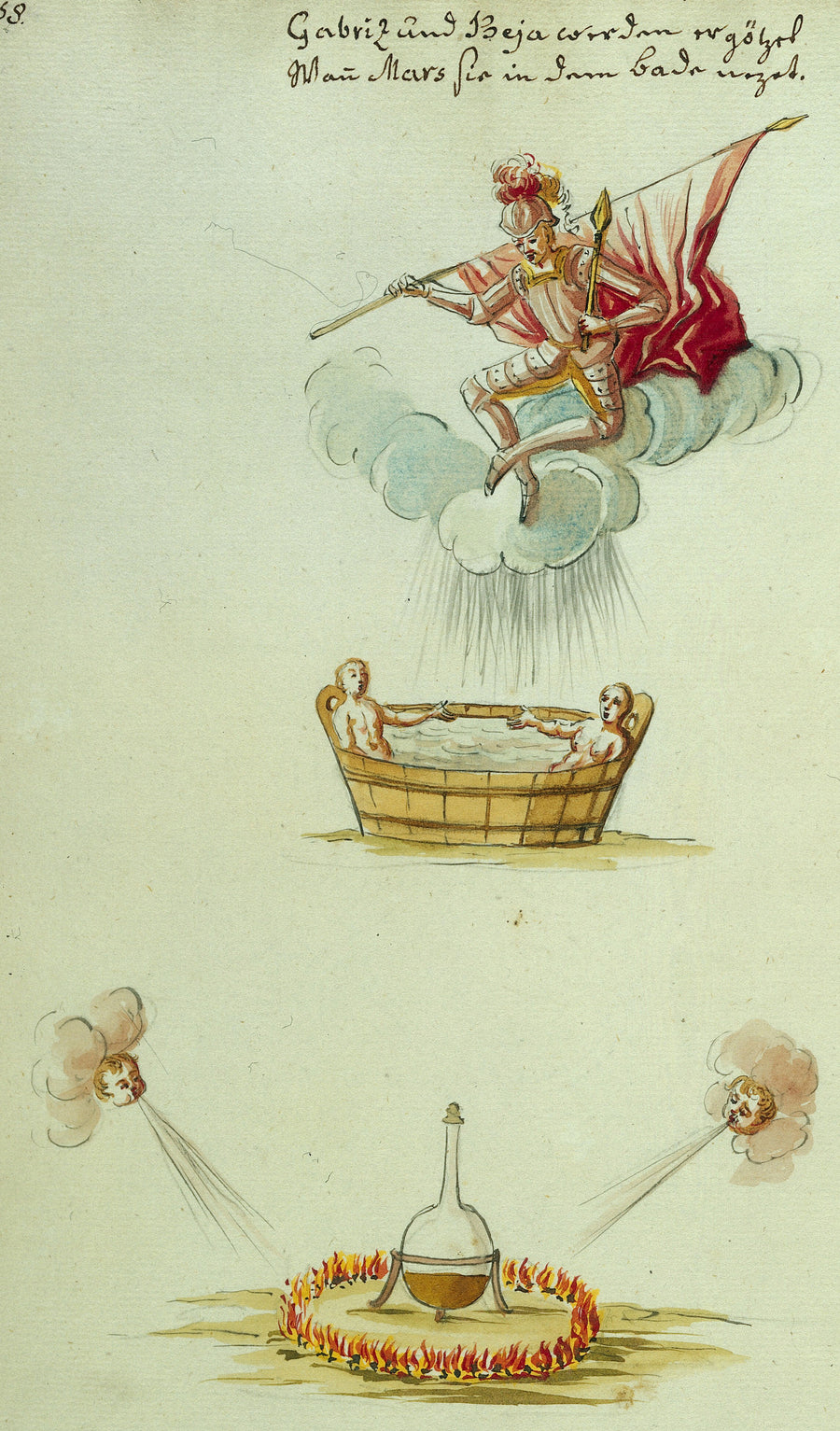 Thesaurus Thesaurorum — An Angel Descending upon a Bath, and a Flask Ringed with Fire | Illuminated Manuscript Print shown to scale on a wall above a sofa