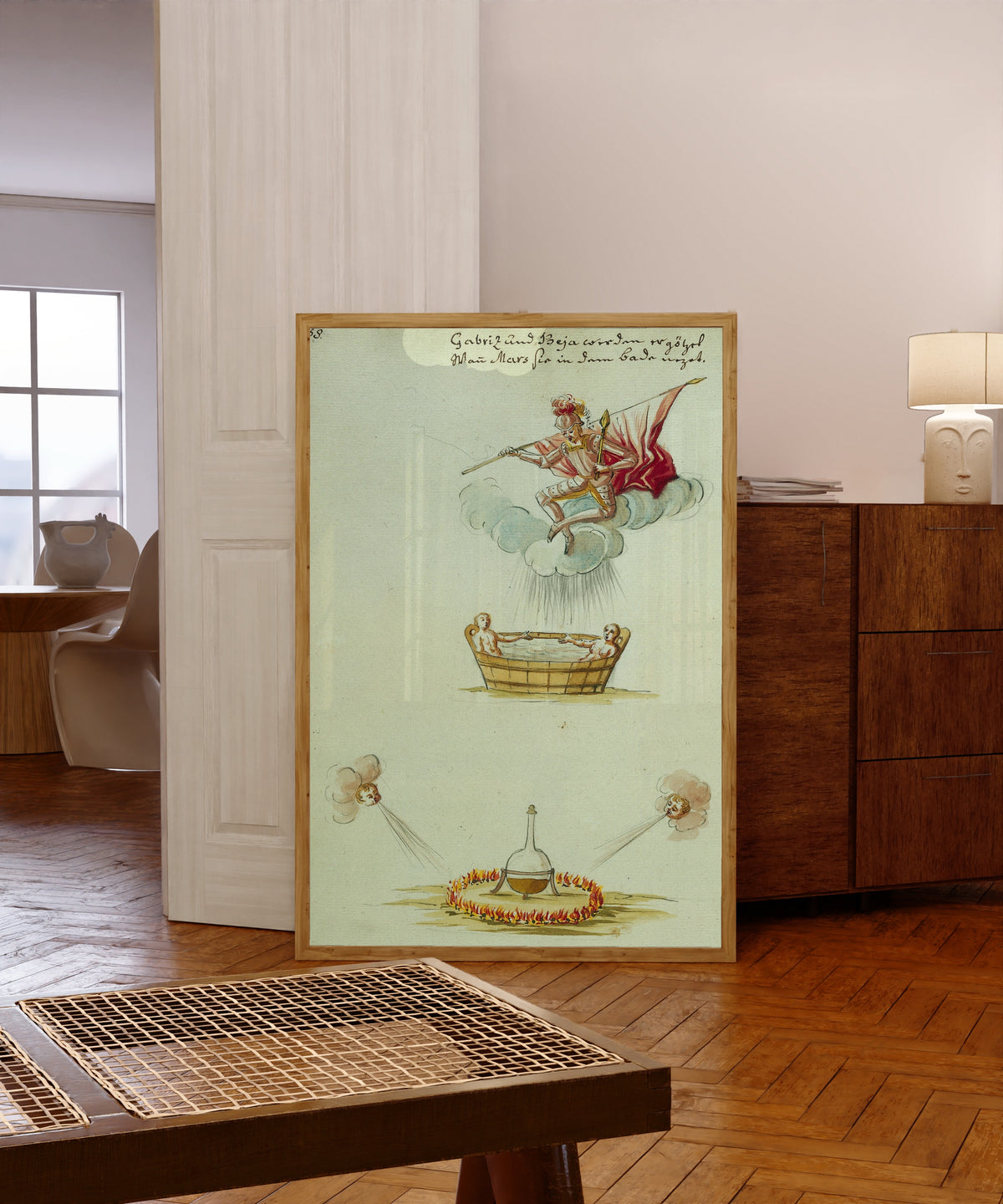 Framed art print of An Angel Descending upon a Bath, and a Flask… by Thesaurus Thesaurorum, in a light wood frame leaning in a warm room with a parquet floor