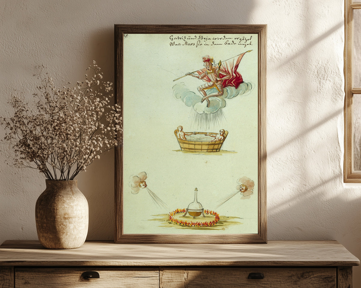 Framed art print of An Angel Descending upon a Bath, and a… by Thesaurus Thesaurorum, in a dark wood frame leaning on a rustic console beside dried flowers