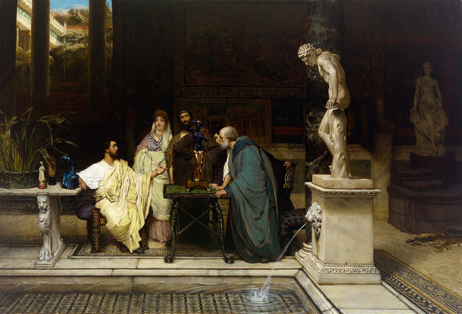 Lawrence Alma-Tadema — An Art Lover | Art Print shown to scale on a wall above a sofa