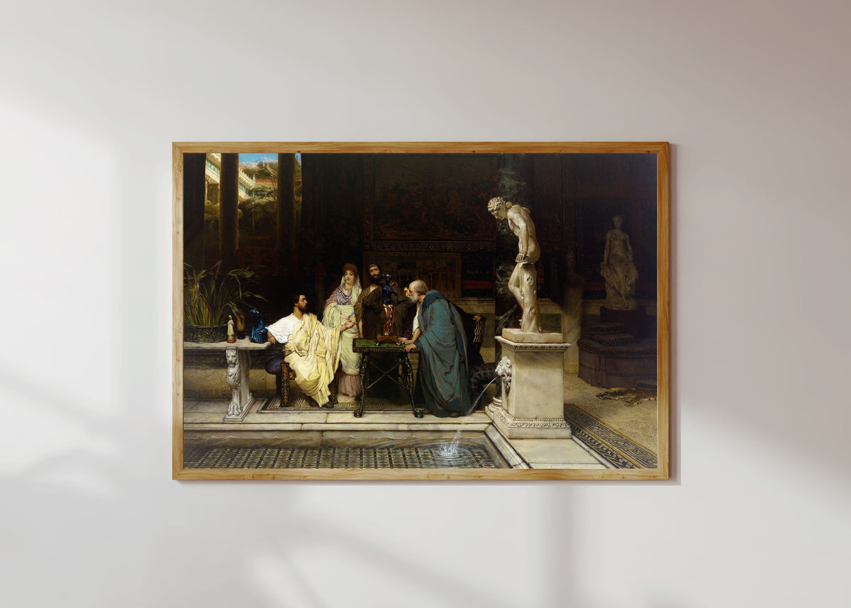 Framed art print of An Art Lover by Lawrence Alma-Tadema, in a light wood frame on a sunlit white wall