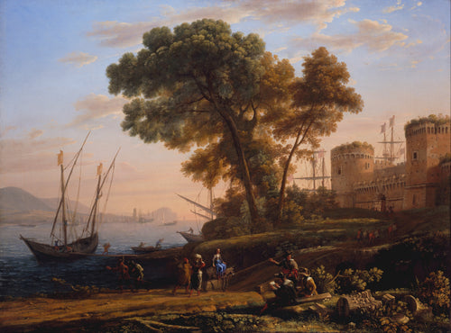 An Artist Studying from Nature by Claude Lorrain — Travellers and a sketching artist on a shore road below a harbour fort