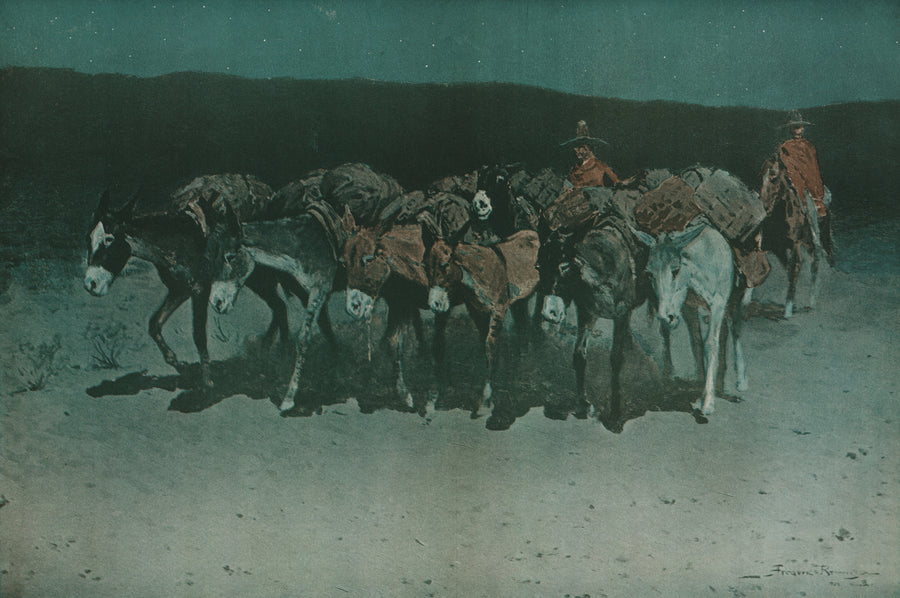 Frederic Remington — An Early Start for Market | Western Art Print shown to scale on a wall above a sofa