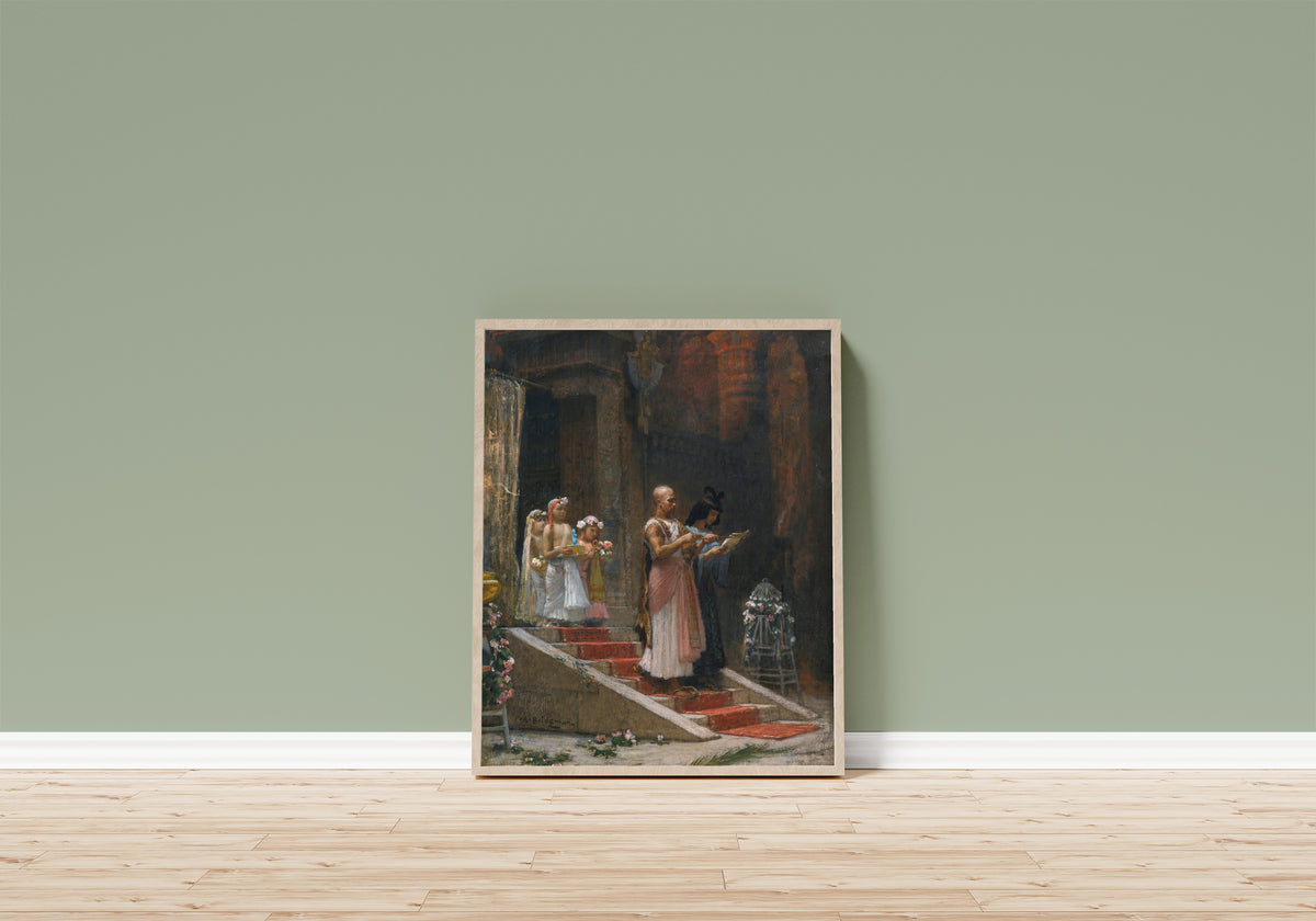 Framed art print of An Egyptian Procession by Frederick Arthur Bridgman, in a light wood frame leaning on a sage green wall above a wooden floor