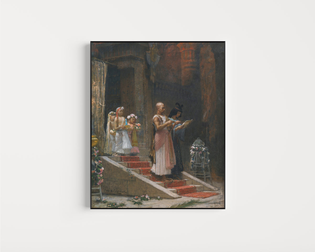Framed art print of An Egyptian Procession by Frederick Arthur Bridgman, in a slim black frame on a plain white wall