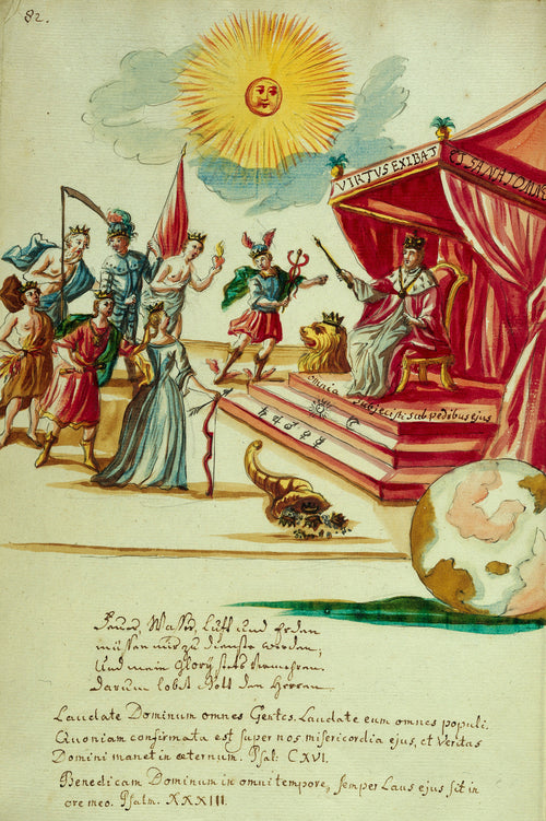 An Enthroned King Receiving Tribute beneath a Radiant Sun by Thesaurus Thesaurorum — A crowned king on a canopied throne receives crowned figures