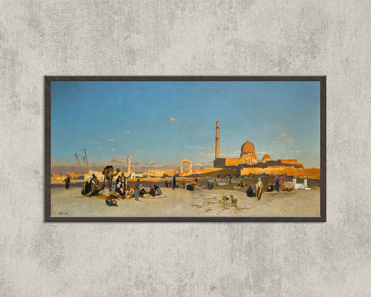 An Extensive View of Cairo by Hermann Corrodi — in a wide black frame on a concrete wall