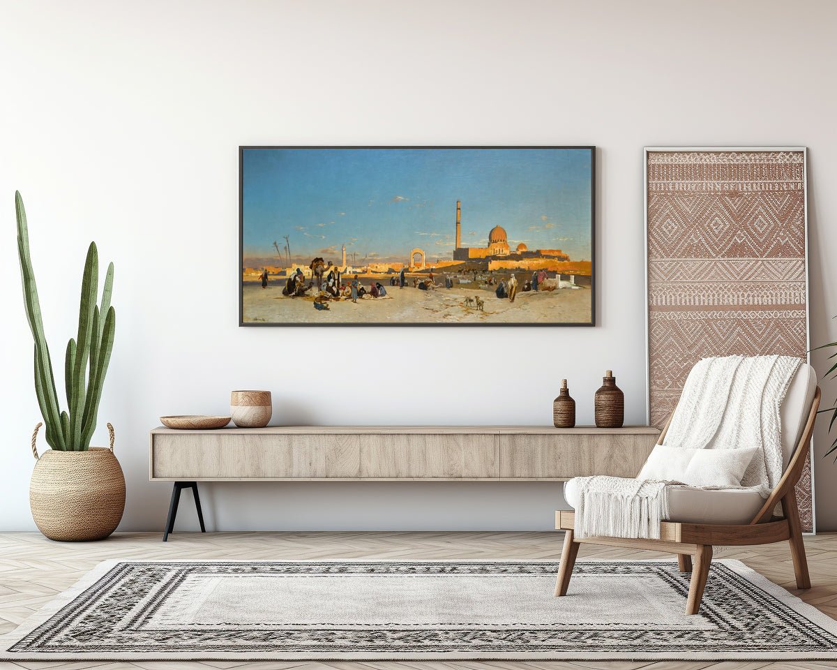 An Extensive View of Cairo by Hermann Corrodi — framed above a sideboard in a living room