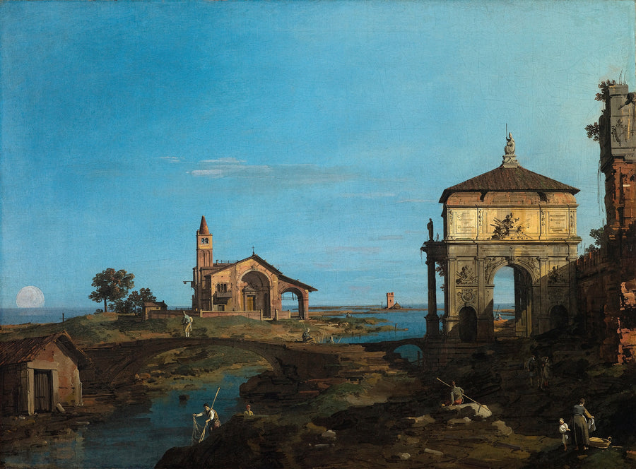 Canaletto — An Island in the Lagoon with a Gateway and a Church | Fine Art Print shown to scale on a wall above a sofa