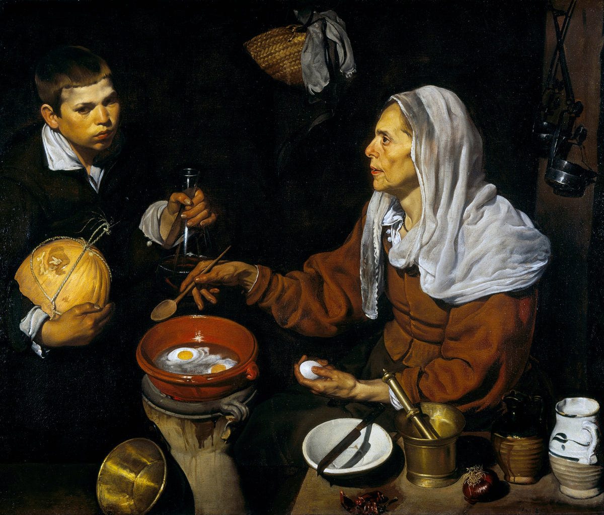 An Old Woman Cooking Eggs by Diego Velázquez — An old woman cooks eggs while a boy waits with a melon and flask