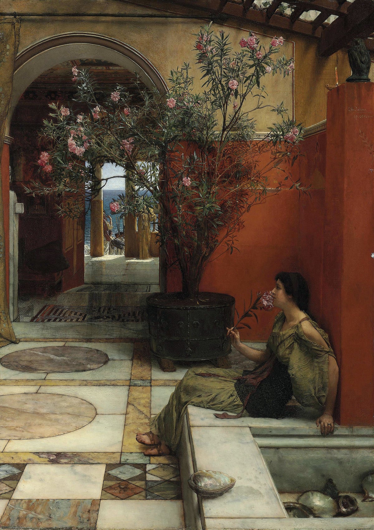 An Oleander by Lawrence Alma-Tadema — A woman smells a sprig of pink oleander against a red Roman wall