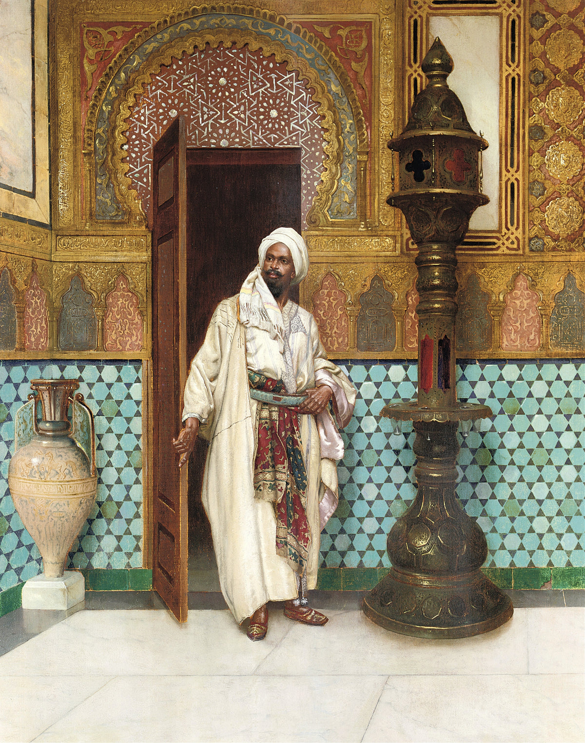 An elegant chieftain in his palace by Rudolf Ernst — A man in white robes steps through a gilded arch beside a bronze lamp