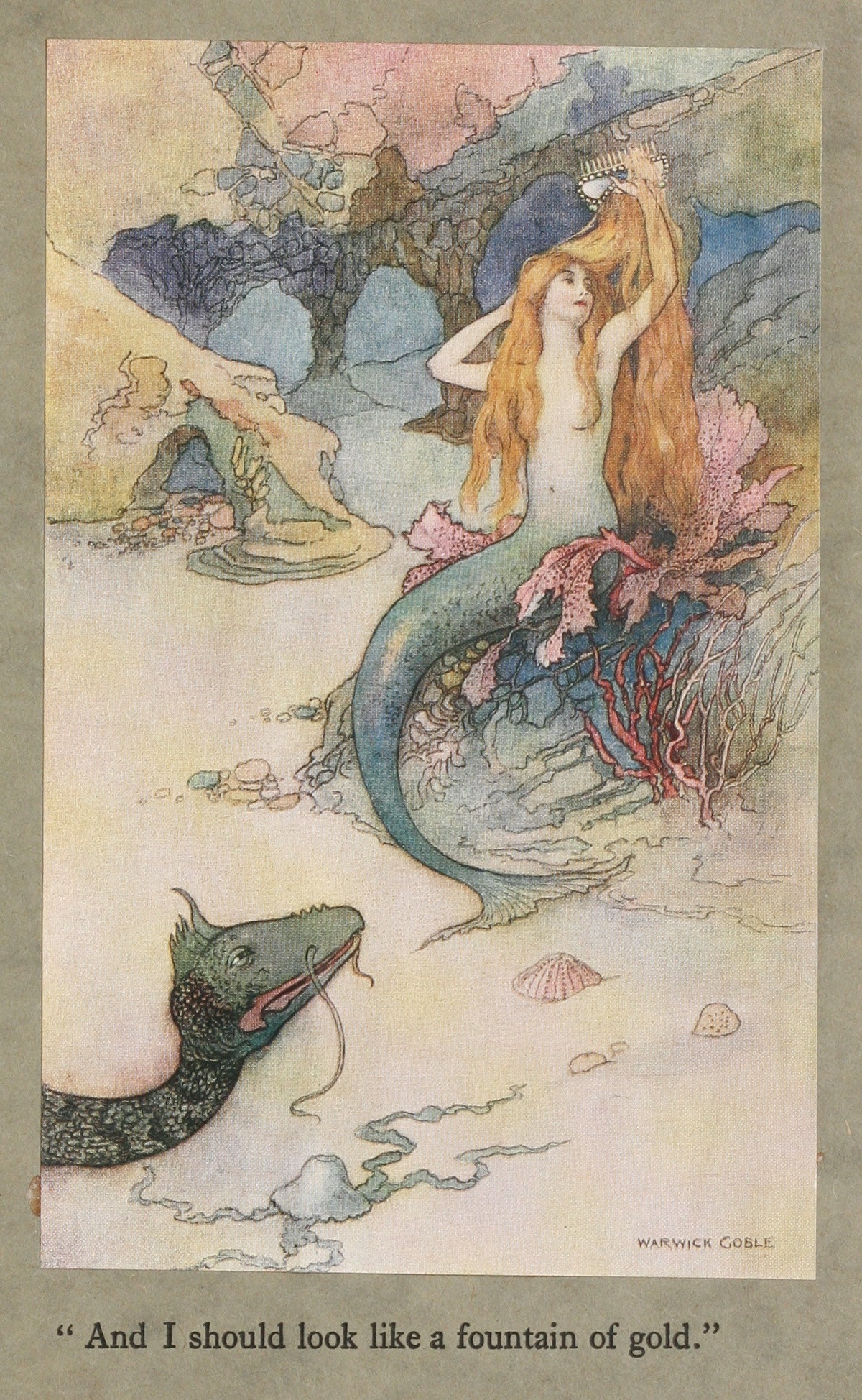And I should look like a fountain of gold. by Warwick Goble — A mermaid combs her long golden hair in a coral cove