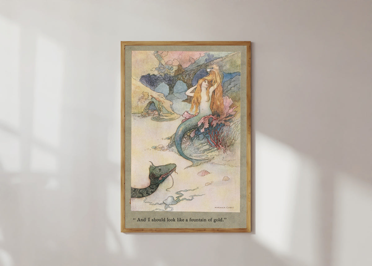 Framed art print of And I should look like a fountain of gold. by Warwick Goble, in a light wood frame on a sunlit white wall