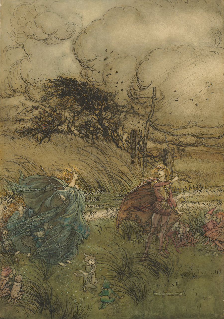Arthur Rackham — And Now They Never Meet in Grove or Green | Shakespeare Illustration Print shown to scale on a wall above a sofa