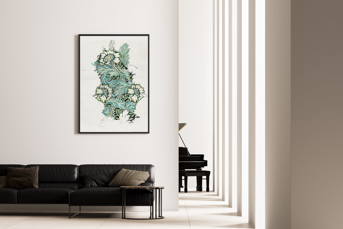 Framed art print of Anemone (Design Drawing) by William Morris, on the wall of a minimal living room