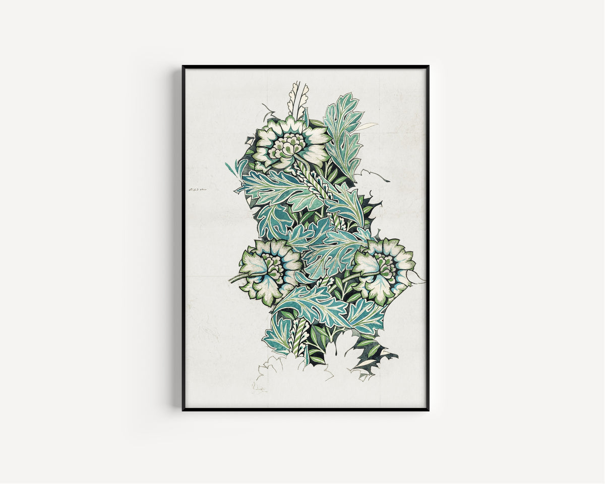Framed art print of Anemone (Design Drawing) by William Morris, in a slim black frame on a plain white wall