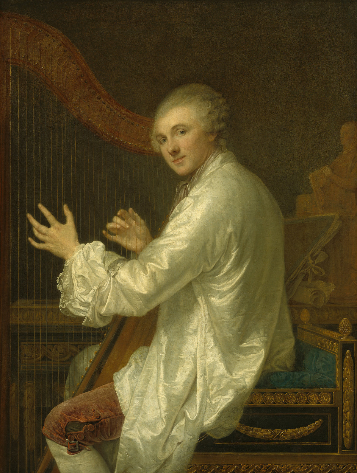 Ange Laurent de La Live de Jully by Jean-Baptiste Greuze — A man in white satin turns from his harp with a faint smile