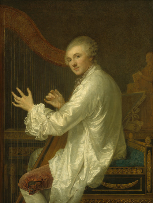 Ange Laurent de La Live de Jully by Jean-Baptiste Greuze — A man in white satin turns from his harp with a faint smile