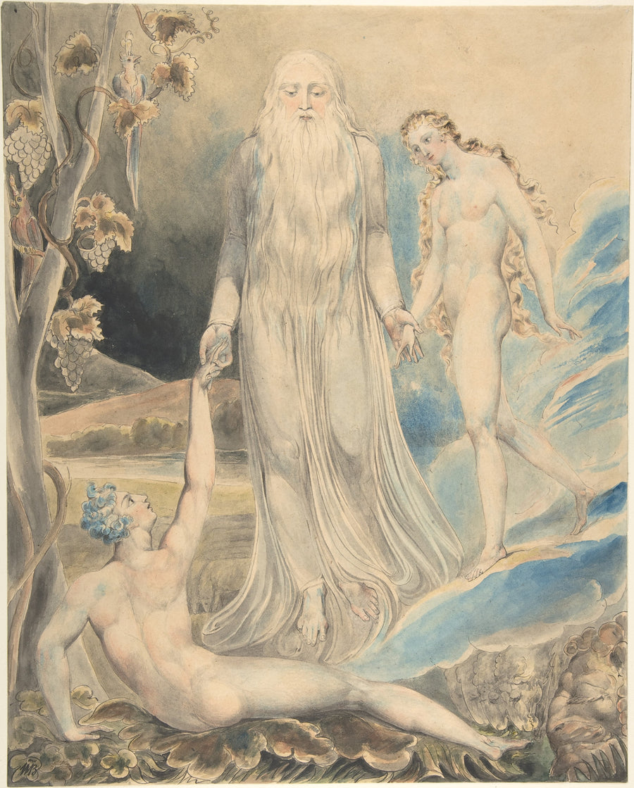 William Blake — Angel of the Divine Presence Bringing Eve to Adam | Art Print shown to scale on a wall above a sofa