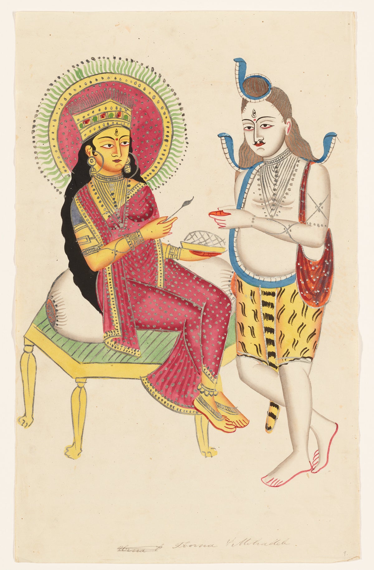 Annapurna Giving Alms to Shiva by Kalighat painter — A crowned goddess ladles an offering into Shiva's bowl