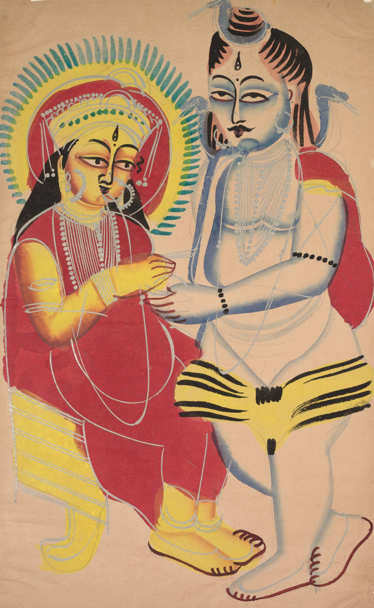 Annapurna and Shiva by Kalighat painter — Annapurna seated beside a standing blue-skinned Shiva