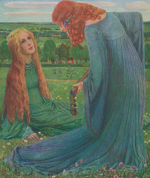 Annunciation by Heinrich Vogeler — A tall figure in blue bends over a seated woman in a flowering meadow