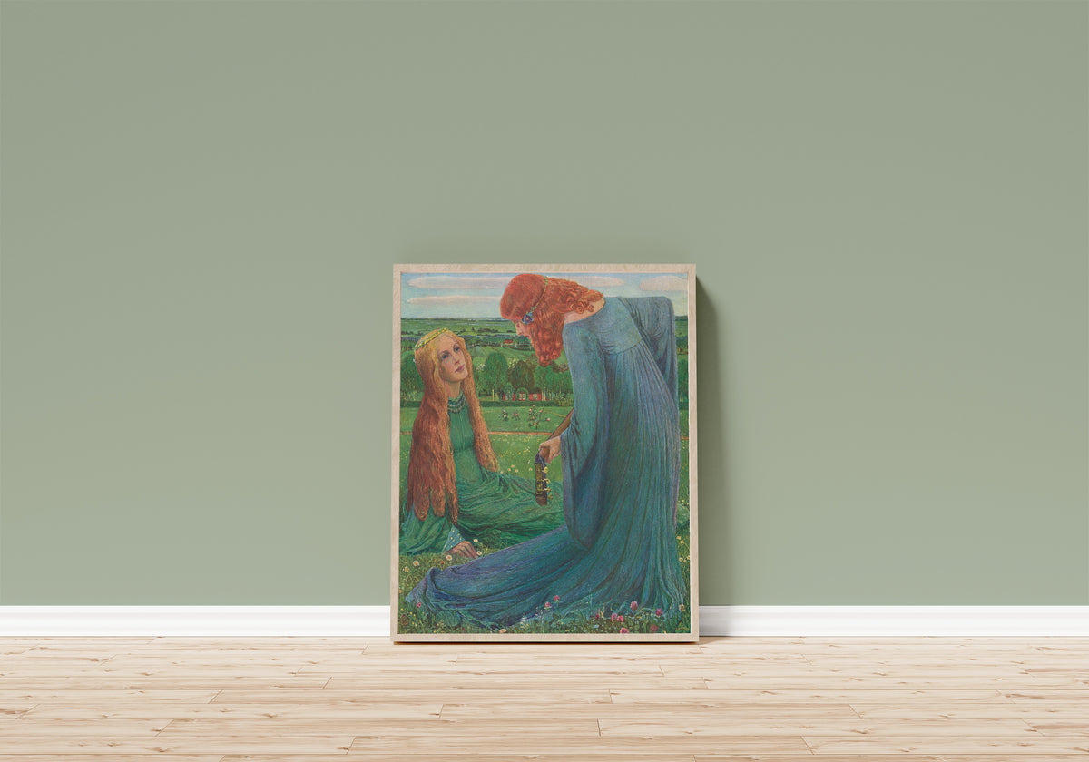 Framed art print of Annunciation by Heinrich Vogeler, in a light wood frame leaning on a sage green wall above a wooden floor