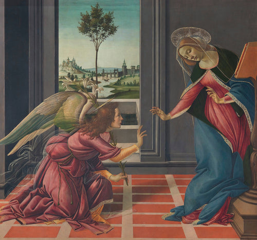 Annunciation by Sandro Botticelli — An angel kneels before the Virgin in a stark room with a river view