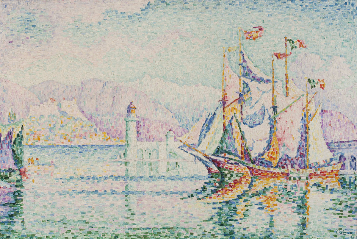 Antibes, Morning by Paul Signac — A flagged tall ship beside a lighthouse in pale harbour light