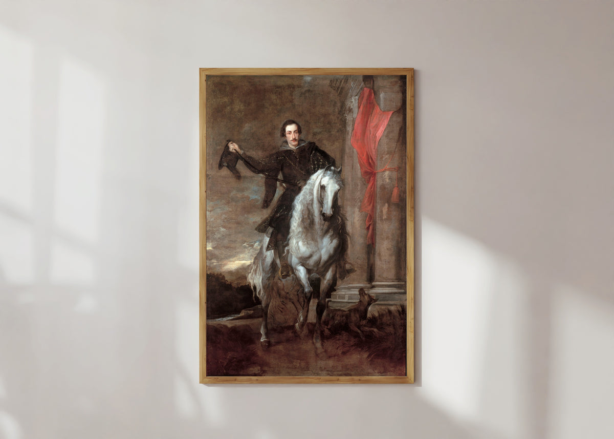 Framed art print of Anton Giulio Brignole-Sale on Horseback by Anthony van Dyck, in a light wood frame on a sunlit white wall