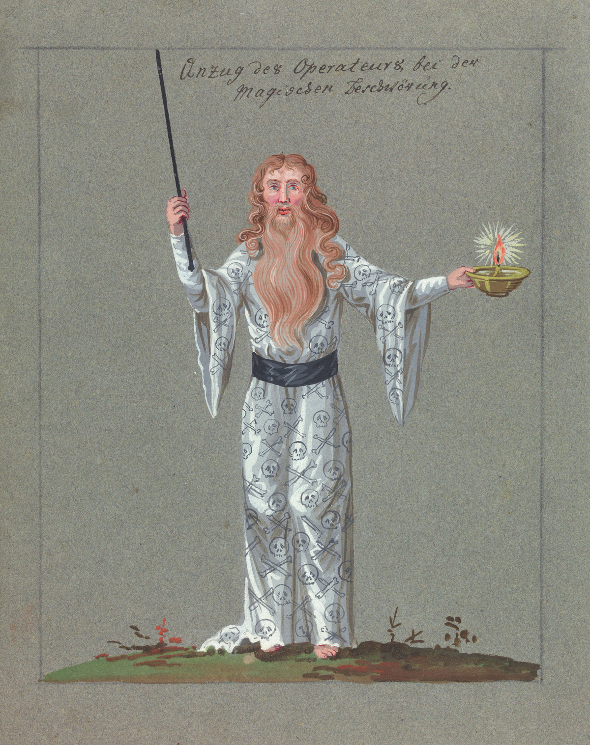 Anzug des Operateurs bei der magischen Beschwörung by Unknown artist — A long-bearded magician in a skull-patterned robe raises his wand