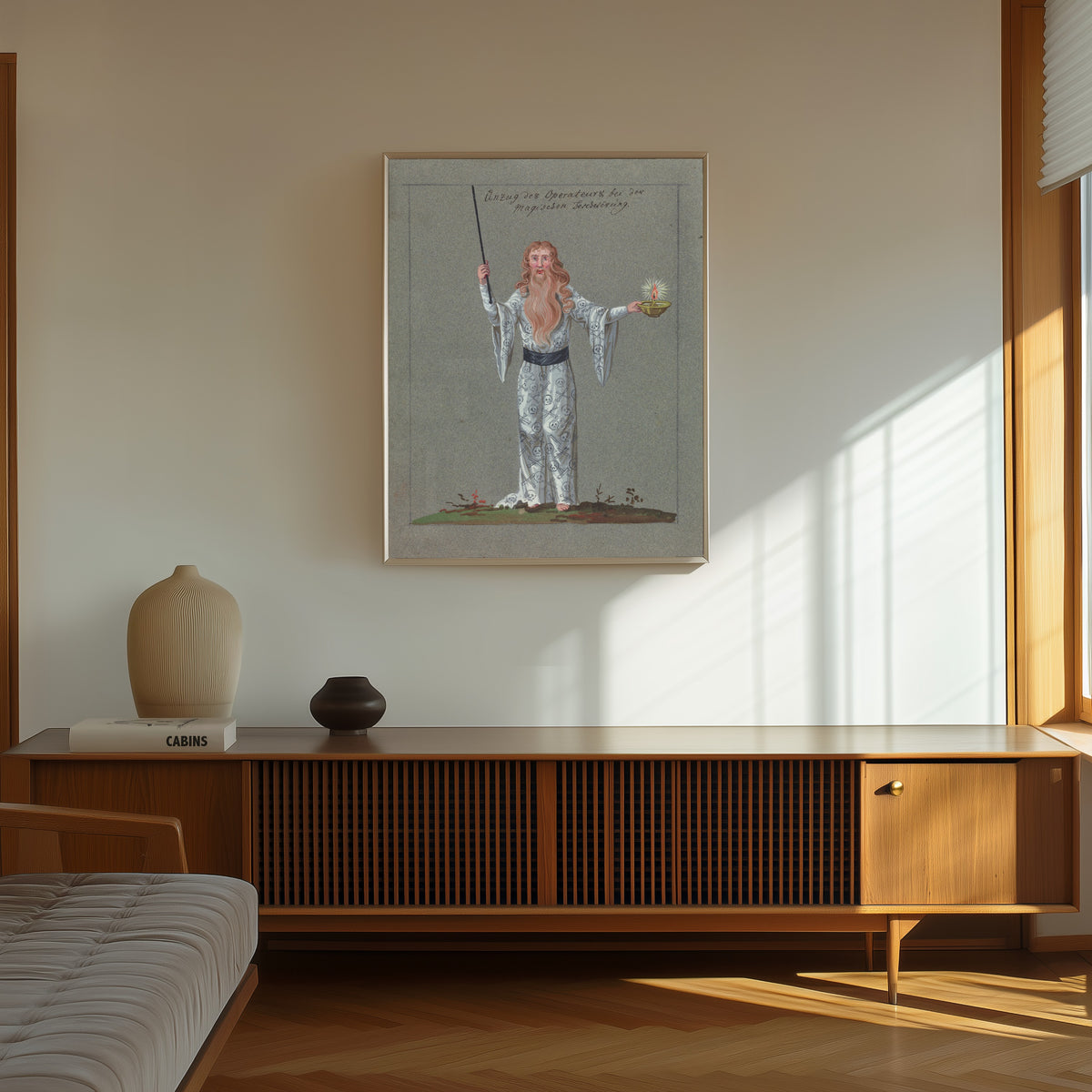 Framed art print of Anzug des Operateurs bei der magischen Beschwörung by Unknown artist, in a thin light frame on a sunlit wall above a wooden sideboard