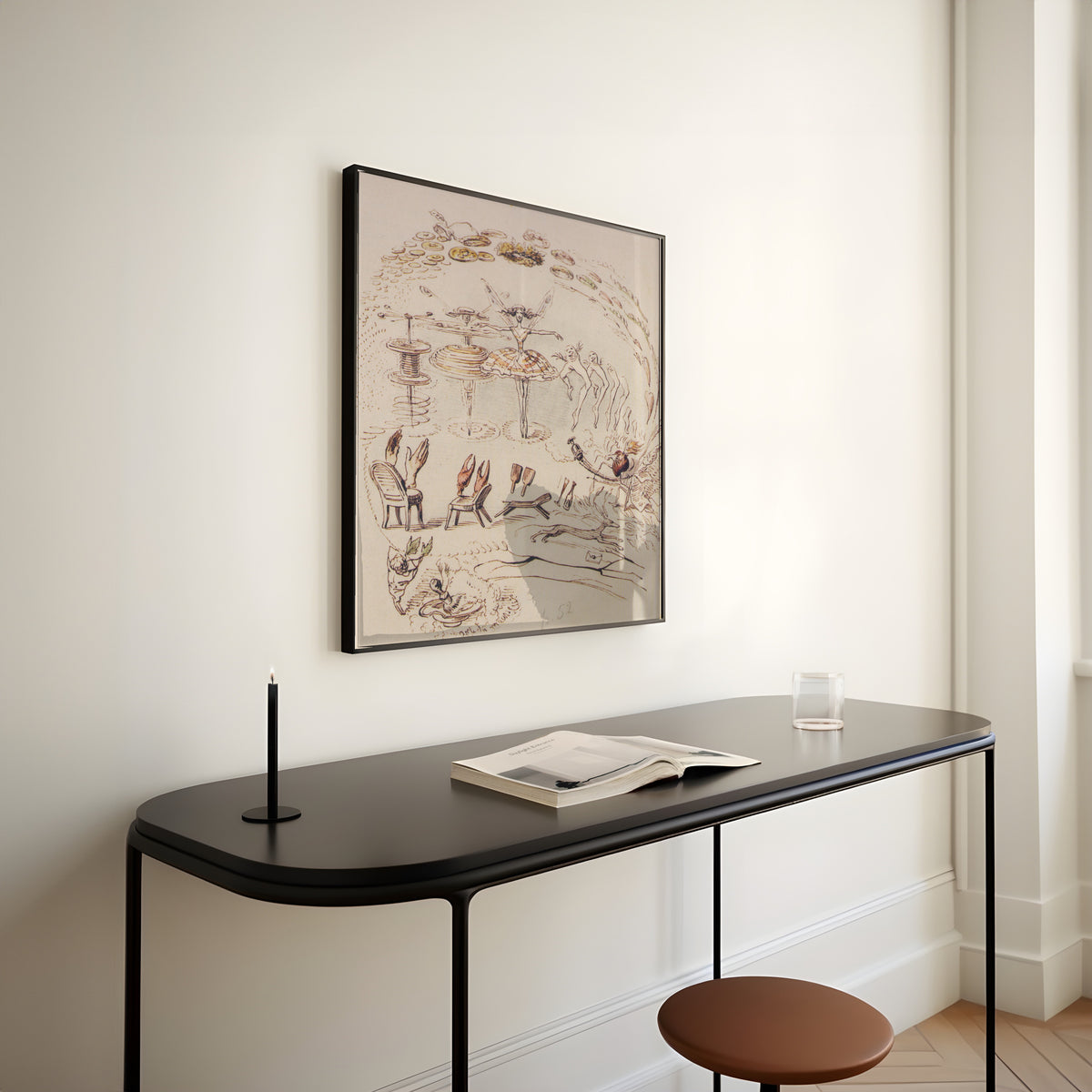 Framed art print of Apocalypse du ballet by J. J. Grandville, above a slim black console table
