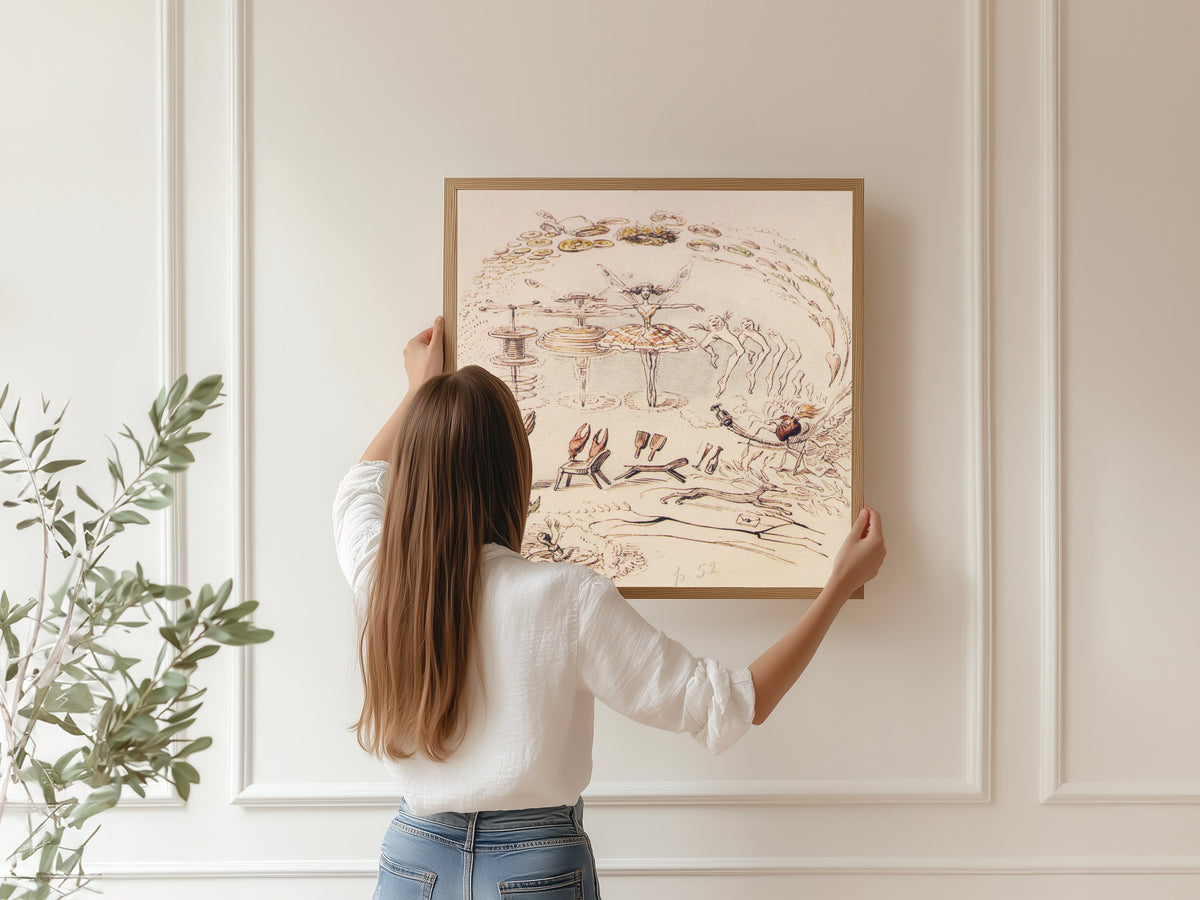 Framed art print of Apocalypse du ballet by J. J. Grandville, hung on a panelled wall