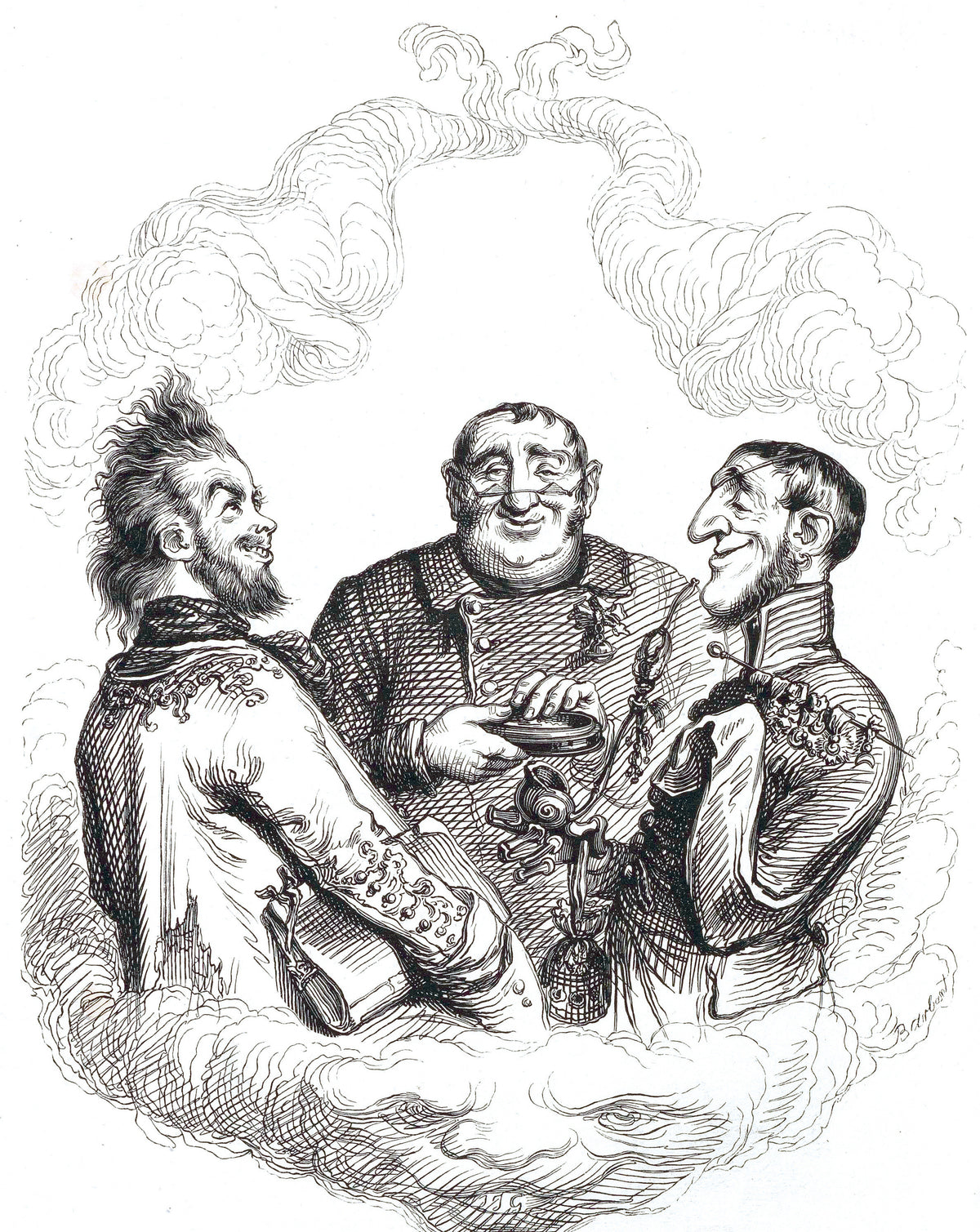 Apothéose du docteur Puff by J. J. Grandville — Three grinning gentlemen float up on clouds above a smiling cloud face