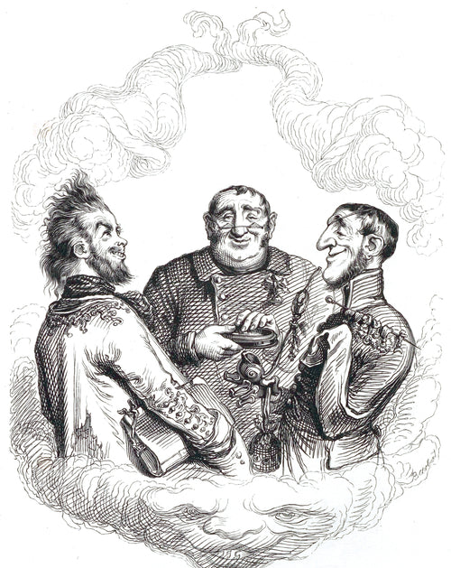 Apothéose du docteur Puff by J. J. Grandville — Three grinning gentlemen float up on clouds above a smiling cloud face
